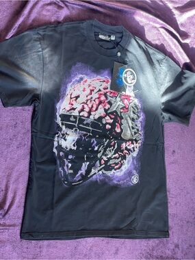 Black Short-Sleeve Tee with Brain Helmet Graphic